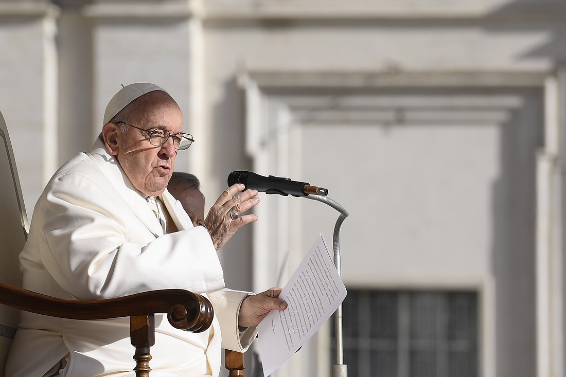 Pope Francis speaks during his general audience in St. Peter's Square at the Vatican March 29, 2023. (CNS photo/Vatican Media)