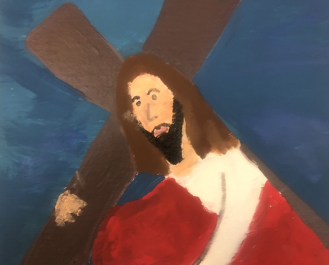 St. Thomas the Apostle Parish’s Faith Formation/Youth Ministry Programs and School Art program in Delmar collaborated to develop its first “Lenten Museum: Faith and Art.” In the photo of Jesus with the cross, Lucia, a seventh-grade Faith Formation student, drew the picture to represent Jesus' courage and determination. (Provided photo)