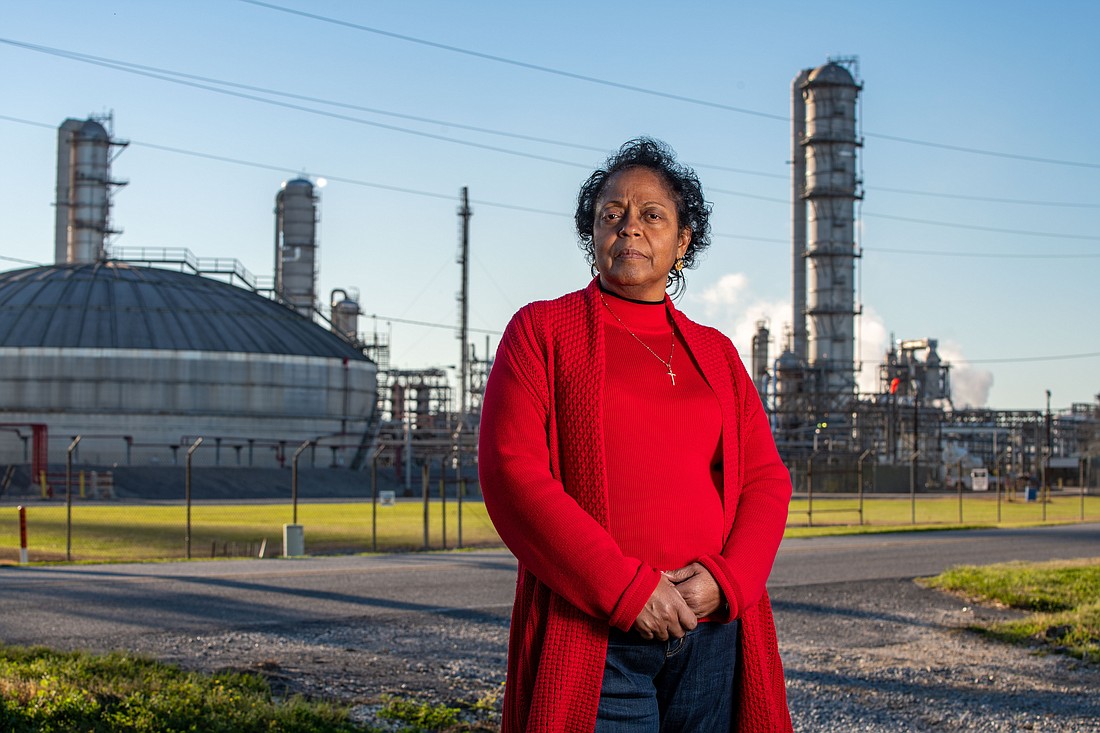 Sharon Lavigne, an environmental justice activist and founder of Rise St. James, stands in front of a chemical plant near her home in St. James Civil Parish, La., March 13, 2022. (OSV News photo/CNS file photo, Barbara Johnston, courtesy University of Notre Dame)