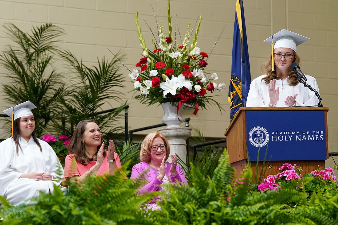 Morgan Hannafin, right, delivers the opening address during commencement exercises on Friday May 26, 2022, at the Academy of the Holy Names, N.Y.  Cindy Schultz for The Evangelist