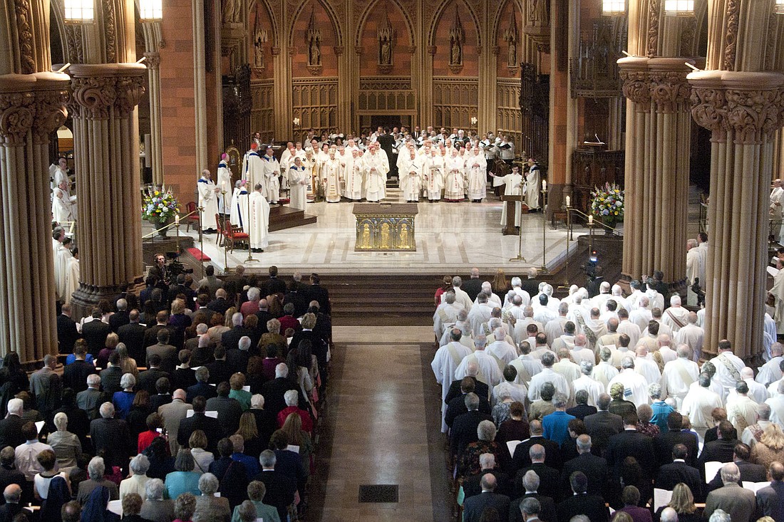 Hundreds of deacons, priests and bishops join Catholics from across New York State for the Ordination and Installation Mass of Bishop Edward B. Scharfenberger in the Cathedral of the Immaculate Conception in Albany on April 10, 2014.    (Evangelist file photo)