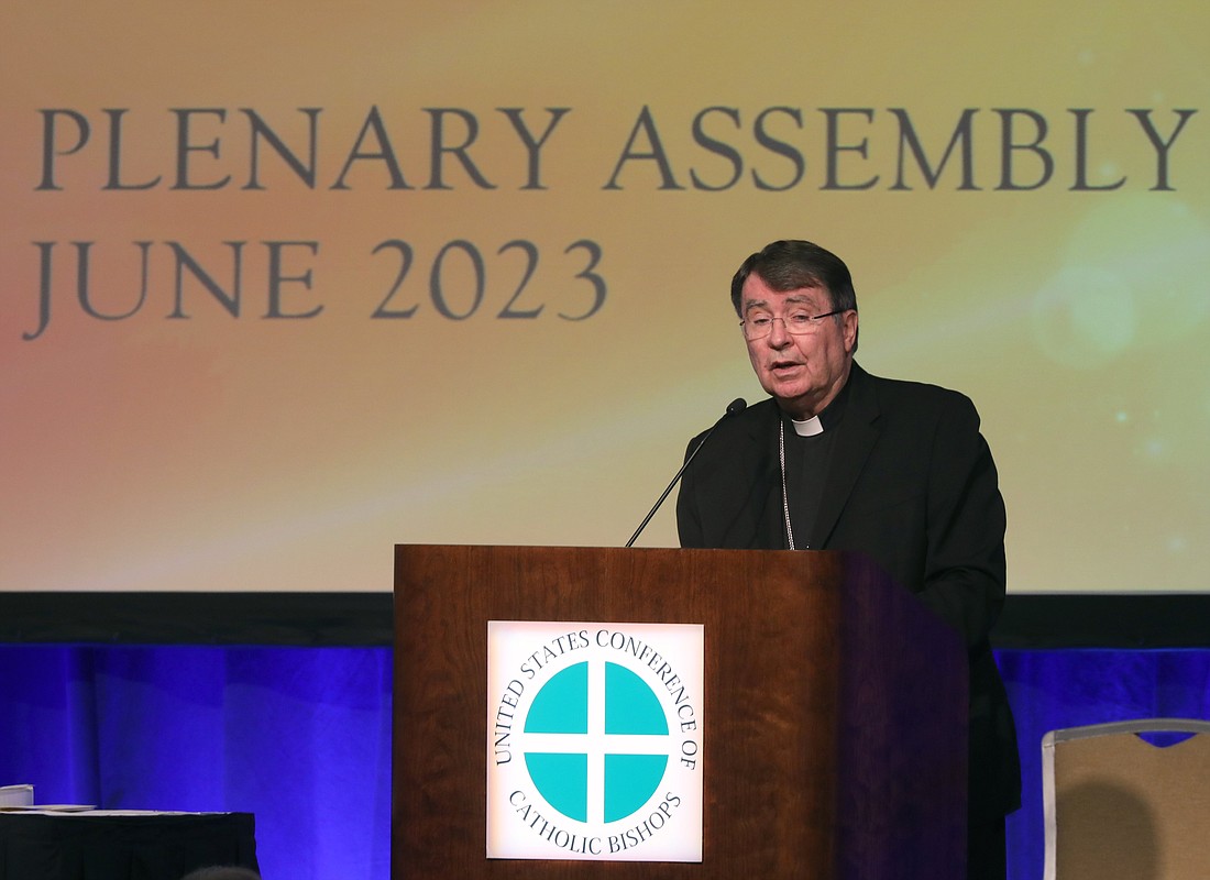 Archbishop Christophe Pierre, the apostolic nuncio to the United States, speaks June 15, 2023, during the U.S. Conference of Catholic Bishops' spring plenary assembly in Orlando, Fla. (OSV News photo/Bob Roller)