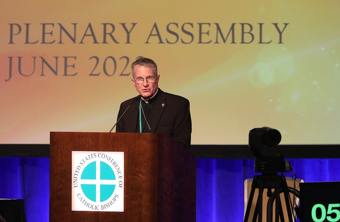 Archbishop Timothy P. Broglio of the Archdiocese for the Military Services, USA, who is president of the U.S. Conference of Catholic Bishops, speaks June 15, 2023, during the USCCB's spring plenary assembly in Orlando, Fla. (OSV News photo/Bob Roller)