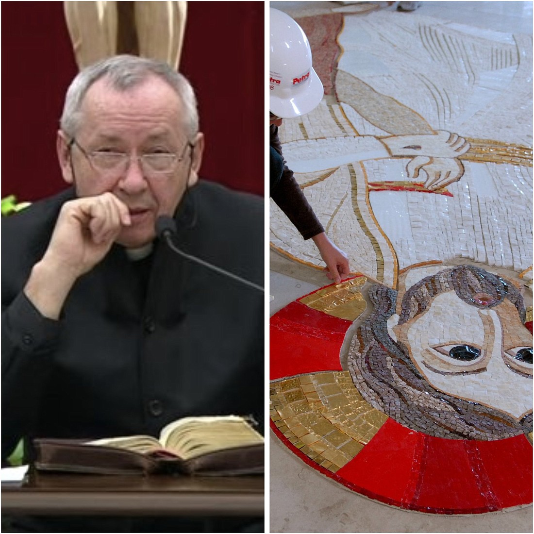 A collage showing a file photo of Jesuit Father Marko Runik at the Vatican from March 6, 2020 (CNS photo) and an artist with Centro Aletti in Italy, working on a mosaic at Sacred Heart University's Chapel of the Holy Spirit in Fairfield, Conn., Sept. 30, 2009 (OSV News photo/Tracy Deer-Mirek, courtesy Sacred Heart, CNS)