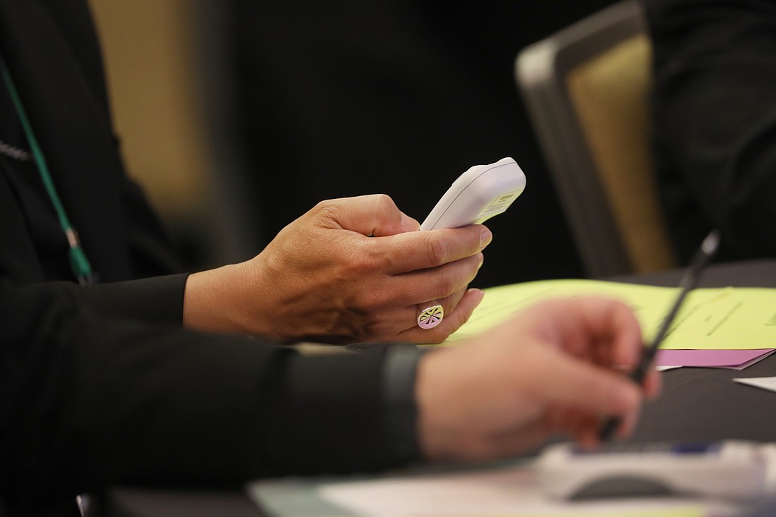 A prelate prepares to vote June 16, 2023, during the U.S. Conference of Catholic Bishops' spring plenary assembly in Orlando, Fla. (OSV News photo/Bob Roller)