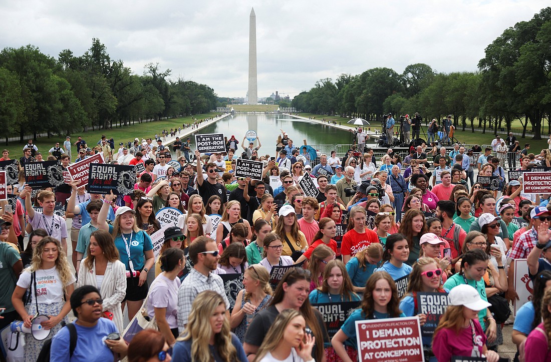 With the Washington Monument in the background, a crowd gathers at the Lincoln Monument in Washington June 24, 2023, for the National Celebrate Life Day rally to commemorate the first anniversary of U.S. Supreme Court's 2022 Dobbs ruling that overturned Roe v. Wade, the court's 1973 decision that legalized abortion nationwide. (OSV News photo/Evelyn Hockstein, Reuters)