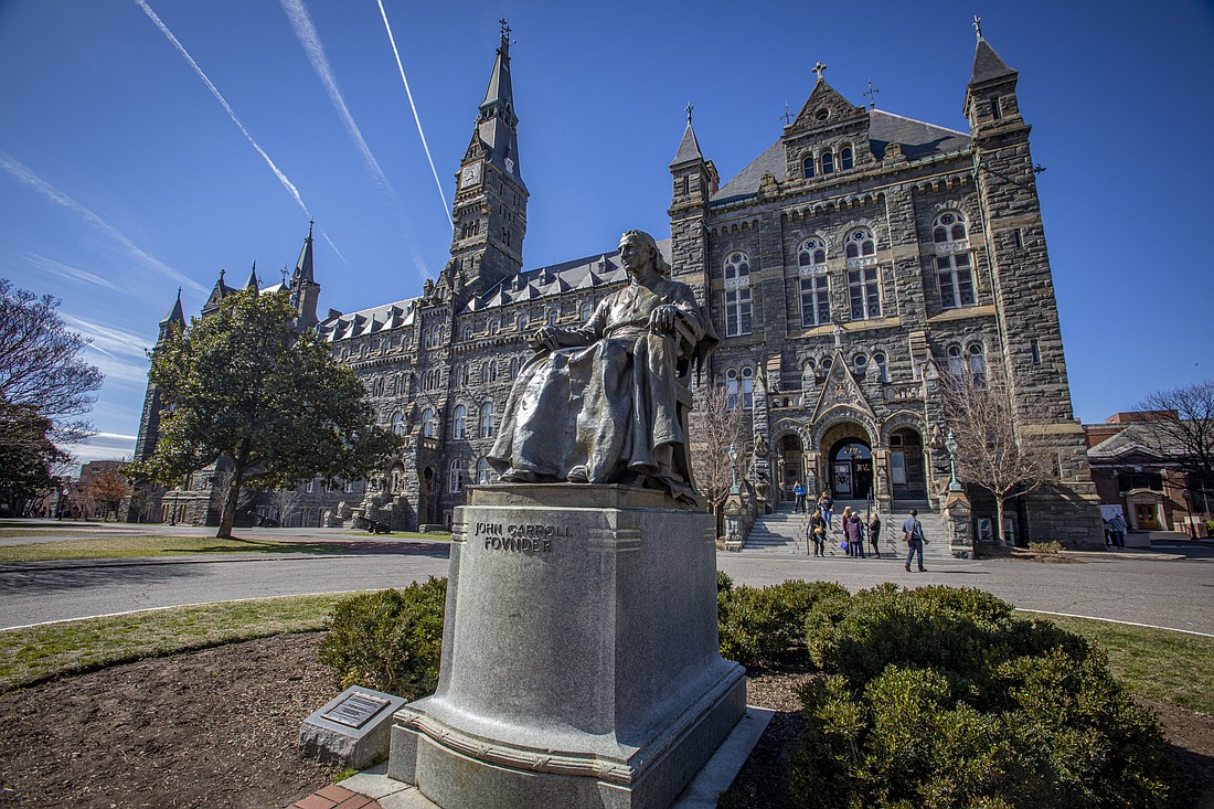 A statue of Baltimore Archbishop John Carroll, the first Catholic bishop in the United States and founder of Georgetown University, is seen on the Jesuit-run school's Washington campus March 3, 2022. The U.S. Supreme Court ruled June 29, 2023, that institutions of higher education can no longer take race into consideration for admission, a landmark decision overturning previous precedent supported by many Catholic universities and colleges. (OSV News photo/CNS file, Chaz Muth)