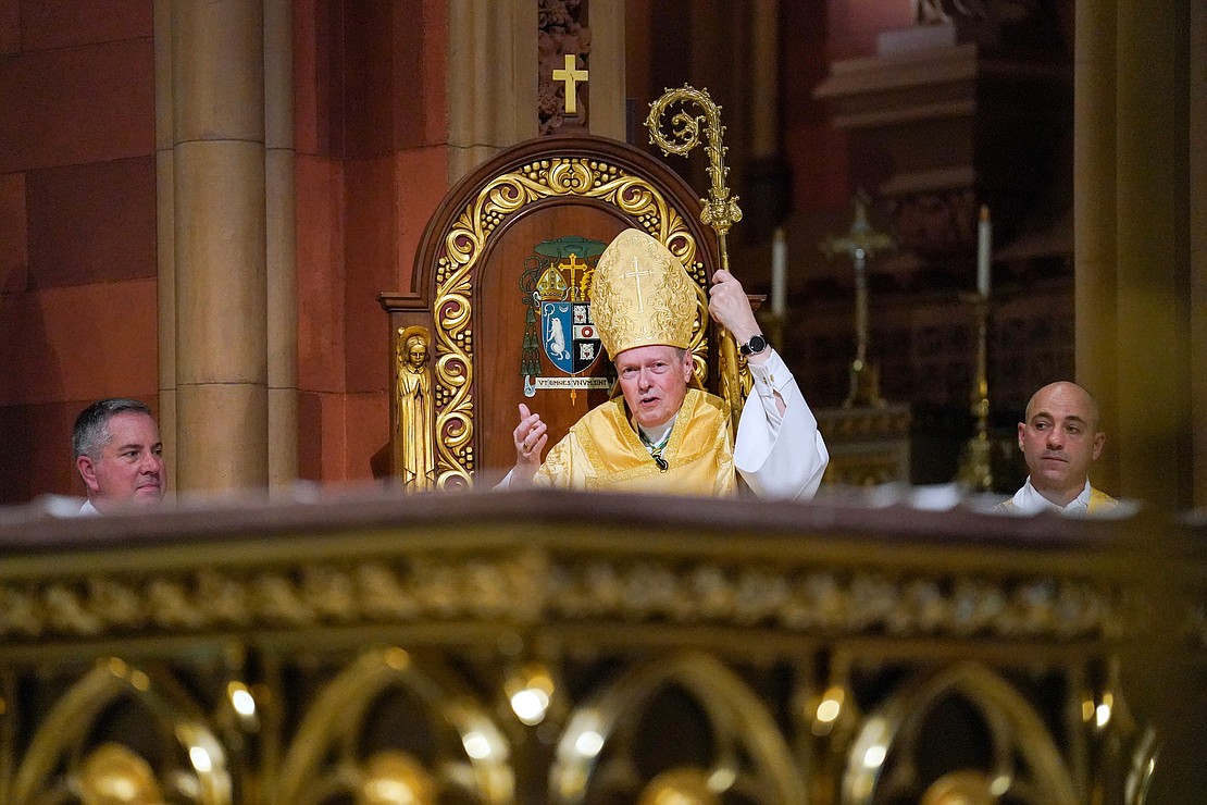 Bishop Edward B. Scharfenberger delivers the homily during a Mass to honor his 50 years in the priesthood on Sunday, July 2 at the Cathedral of Immaculate Conception in Albany. Cindy Schultz for The Evangelist