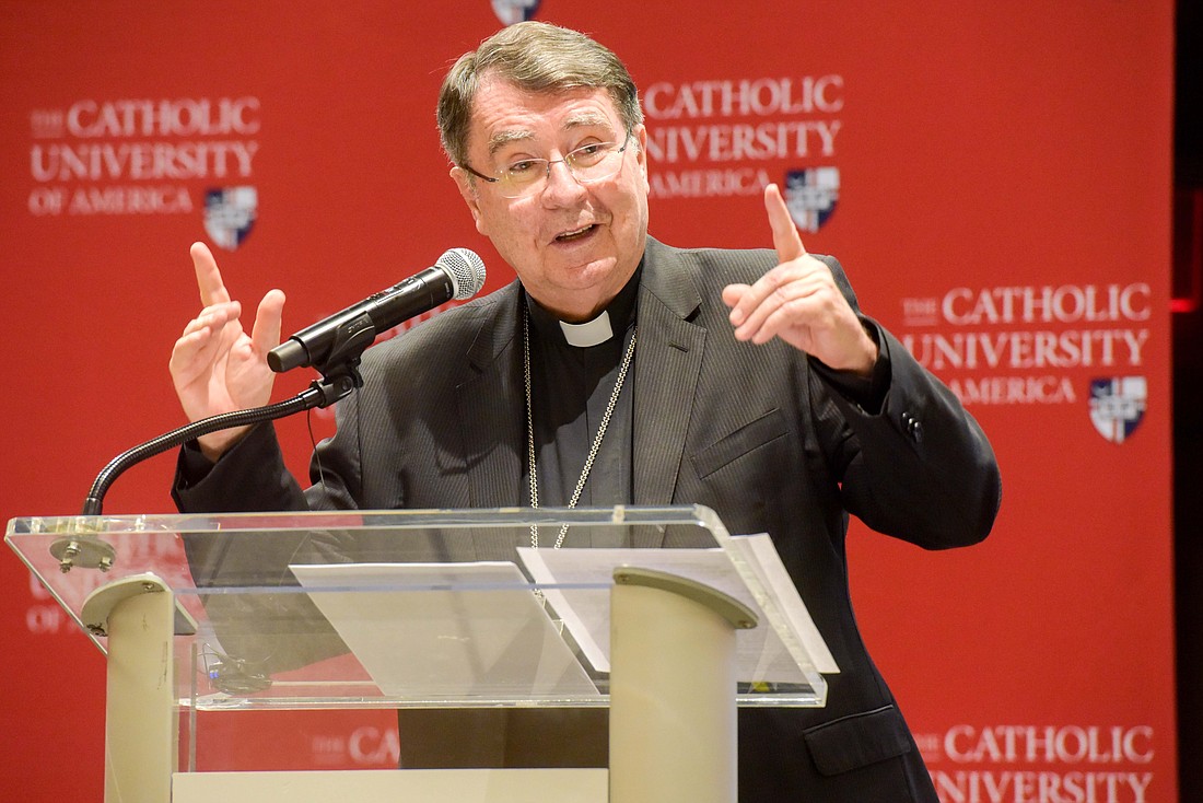 Cardinal-designate Christophe Pierre, apostolic nuncio to the United States, gives the annual Cardinal Darden Lecture at The Catholic University of America in Washington April 26, 2023. Pope Francis will elevate Cardinal-designate Pierre to the College of Cardinals during a consistory at the Vatican Sept. 30. (OSV News photo/Patrick Ryan, The Catholic University of America)