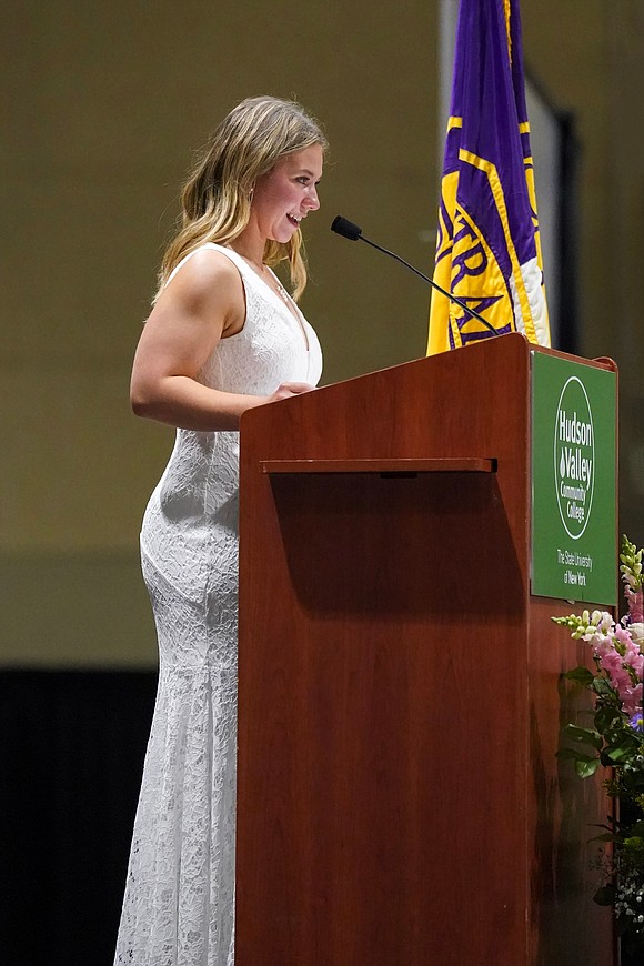 Graduate and valedictorian Emily Paglia delivers her address during Central Catholic commencement exercises on Saturday, June 24, 2023, at Hudson Valley Community College in Troy, N.Y.  Cindy Schultz for The Evangelist