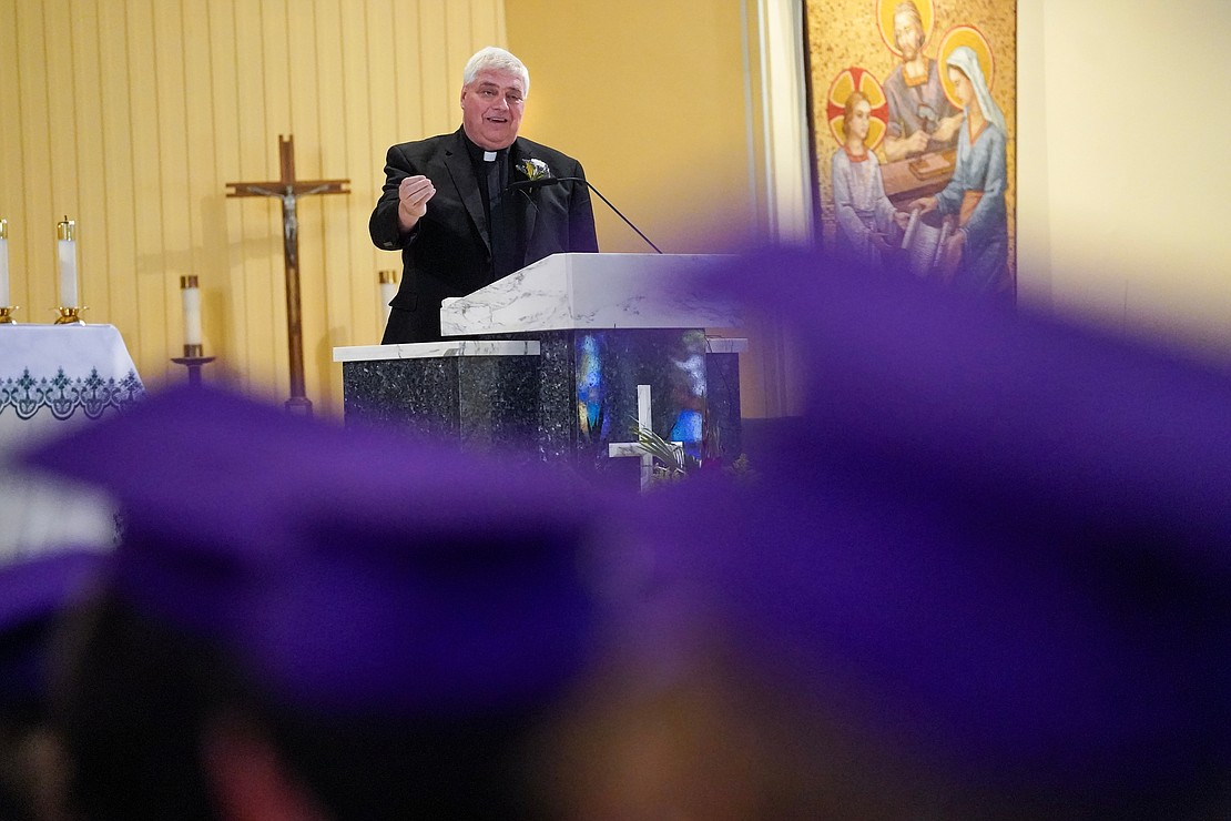Father Robert Longobucco addresses graduates during Saratoga Central Catholic commencement exercises on Friday, June 23, 2023, at St. Clements Church in Saratoga Springs, N.Y.  Cindy Schultz for The Evangelist