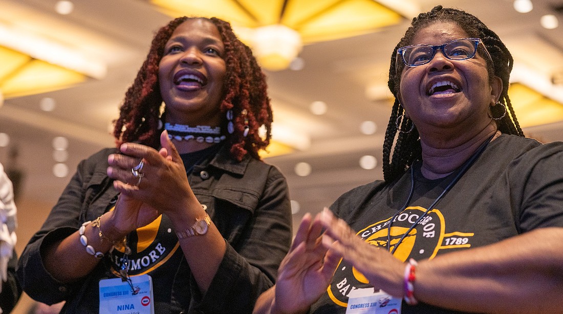 Nina Shipman-Vick and Valerie Grays from the Archdiocese of Baltimore participate in the opening plenary session of the 13th National Black Catholic Congress July 21, 2023, at the Gaylord National Resort & Convention Center in National Harbor, Md. (OSV News photo/Mihoko Owada, Catholic Standard)