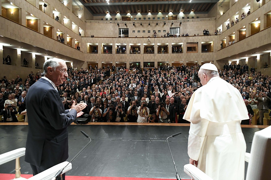 Pope Francis and Portuguese President Marcelo Rebelo de Sousa arrive at the Belém Cultural Center in Lisbon, Aug. 2, 2023, for a meeting with government and political leaders, diplomats and representatives of civil society. (CNS photo/Vatican Media)