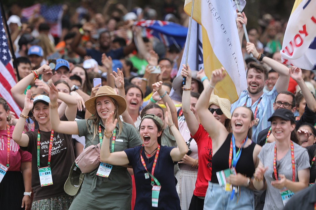 U.S. pilgrims at World Youth Day cheer during a National Gathering at Quintas das Conchas e dos Lilases Park in Lisbon, Portugal, Aug. 2, 2023. (OSV News photo/Bob Roller)