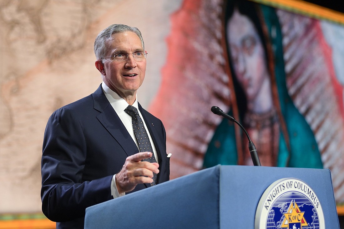 Supreme Knight Patrick E. Kelly delivers his annual report at the opening business session of the Knights of Columbus 141st Supreme Convention in Orlando, Fla., Aug. 1, 2023. (OSV News photo/Tamino Petelinšek, Knights of Columbus)