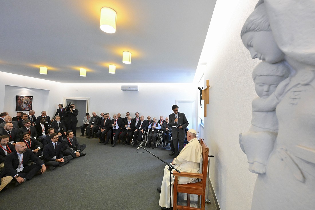 Pope Francis meets with about 90 Jesuits at their St. John de Brito College in Lisbon, Portugal, Aug. 5, 2023. (CNS photo/Vatican Media)