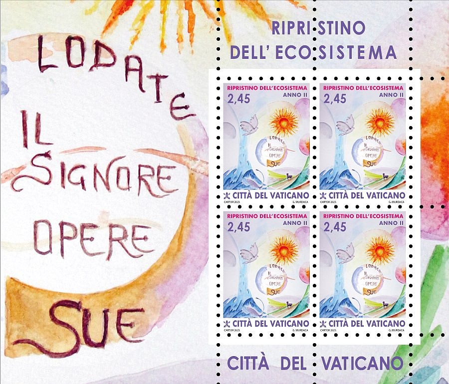 Vatican stamps based on a watercolor by Franciscan Father Giuseppe Murdaca, pastor of the Church of St. Francis of Assisi in Reggio Calabria, Italy, are part of a series drawing attention to the U.N. Decade on Ecosystem Restoration. The words, "Laudato il Signore Opere Sue" ("Praise the Lord, all his works"), are in the center of the painting. (CNS photo/Vatican philatelic office)