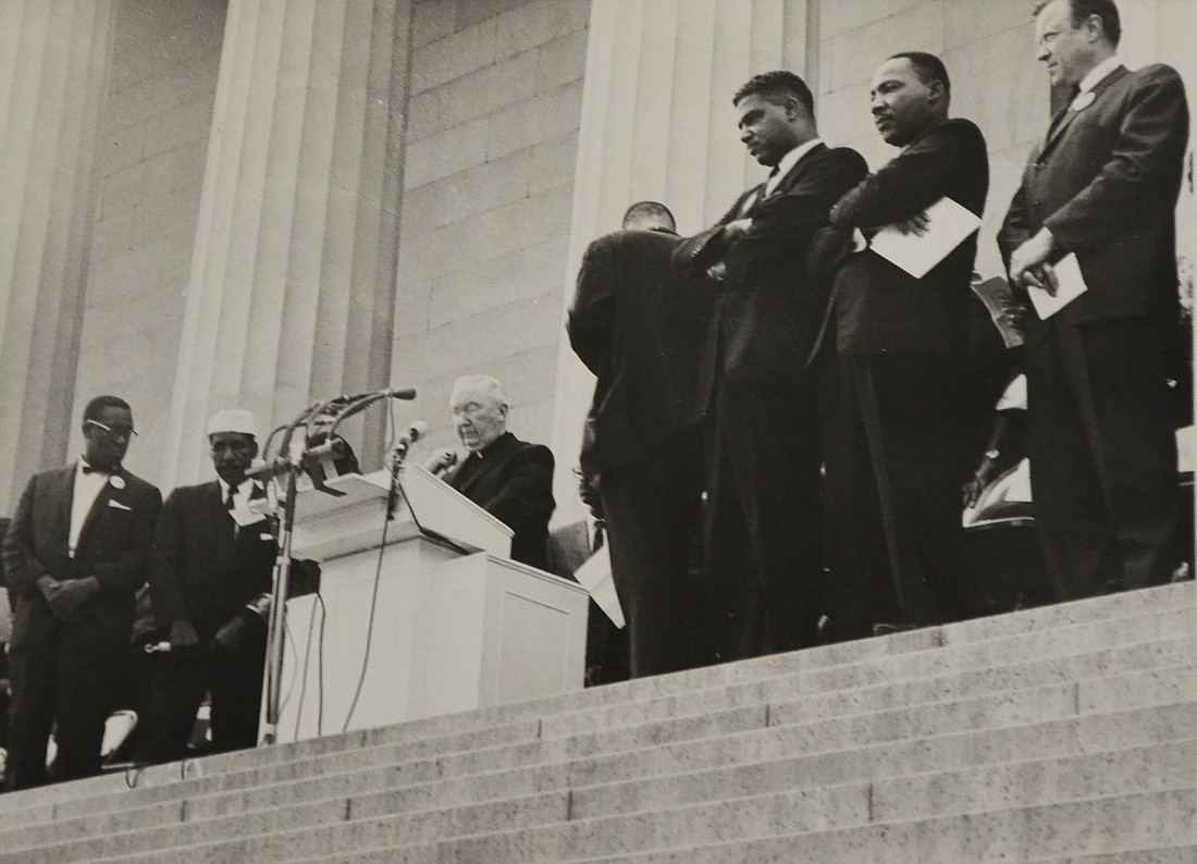 At the steps of the Lincoln Memorial, then-Archbishop Patrick O’Boyle offers the invocation at the March on Washington for Jobs and Freedom on Aug. 28, 1963. The Rev. Martin Luther King Jr., who gave his famous “I Have a Dream” speech at the march, can be seen second from right. This year marks the 60th anniversary of that march. (OSV News Photo/Catholic Standard file)