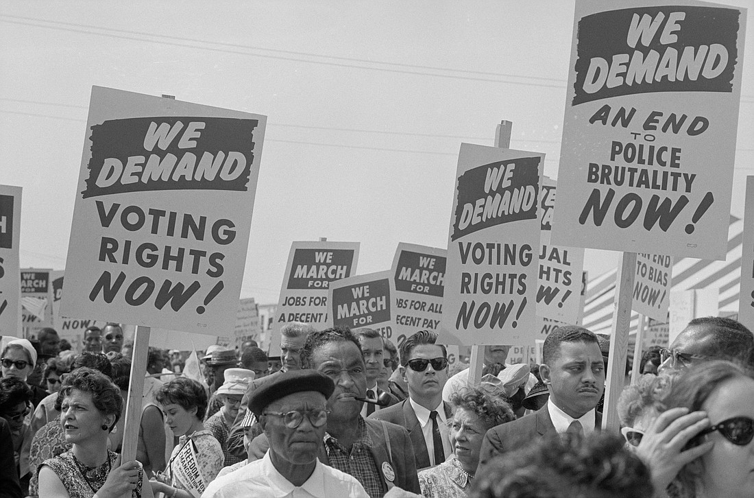 Marchers carry signs during the March on Washington for Jobs and Freedom Aug. 28, 1963. To commemorate the 60th anniversary of the march -- which included the Rev. Dr. Martin Luther King, a Baptist minister, who delivered his famous "I Have a Dream" speech --  thousands converged on the National Mall in Washington Aug. 26, 2023. (OSV News photo/courtesy Library of Congress via Reuters)