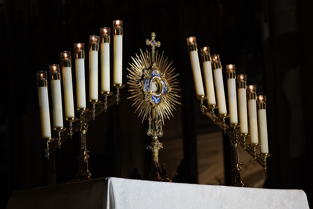 A monstrance containing the Blessed Sacrament is displayed on the altar during a Holy Hour at St. Patrick's Cathedral in New York City July 13, 2023. The liturgy was hosted by the Sisters of Life, who are sponsoring similar opportunities for Eucharistic adoration in Denver, Philadelphia, Phoenix and Washington during the ongoing National Eucharistic Revival. (OSV News photo/Gregory A. Shemitz)