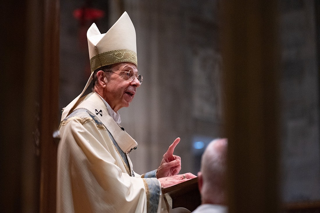 Baltimore Archbishop William E. Lori addresses the congregation at the chrism Mass April 3, 2023, at the Cathedral of Mary Our Queen in Baltimore's Homeland neighborhood. Archbishop Lori spoke with OSV News to discuss the impact of the archdiocese's Chapter 11 bankruptcy, announced Sept. 29. (KOSV News photo/Kevin J. Parks, Catholic Review)