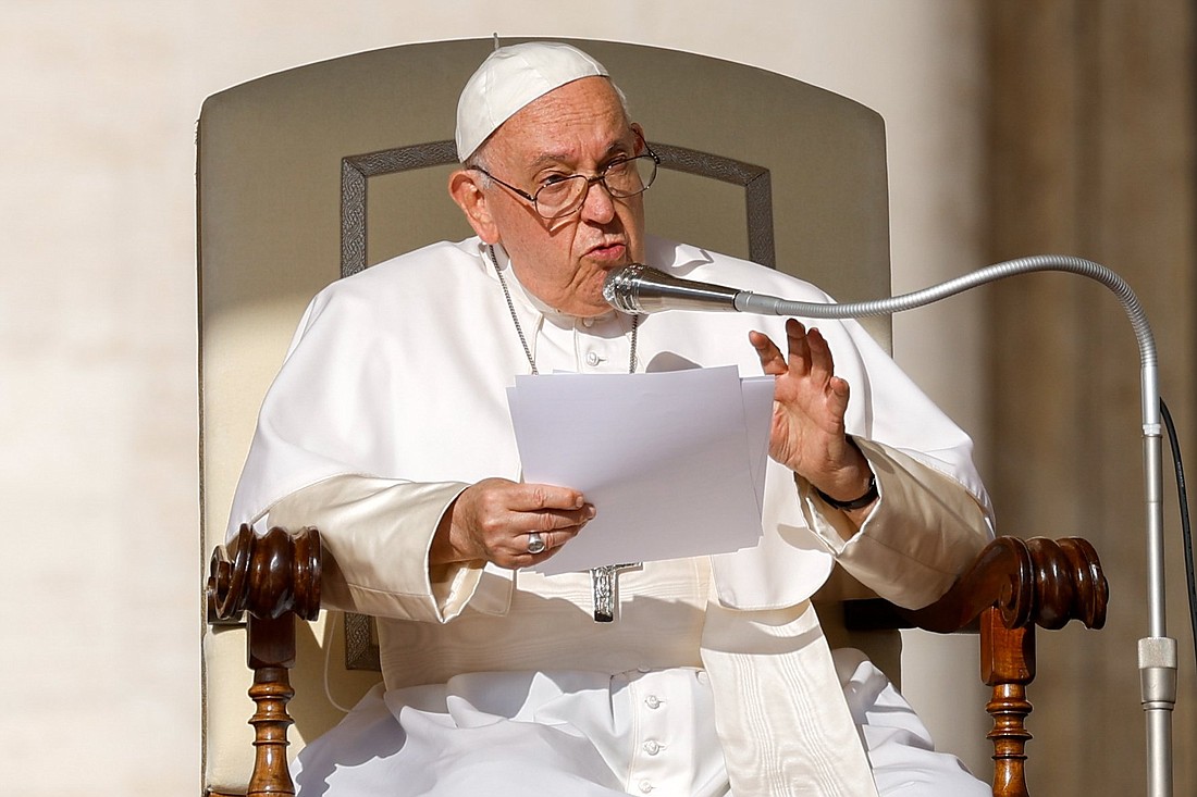 Pope Francis speaks to visitors during his weekly general audience in St. Peter’s Square at the Vatican, Sept. 27, 2023. (CNS photo/Lola Gomez)