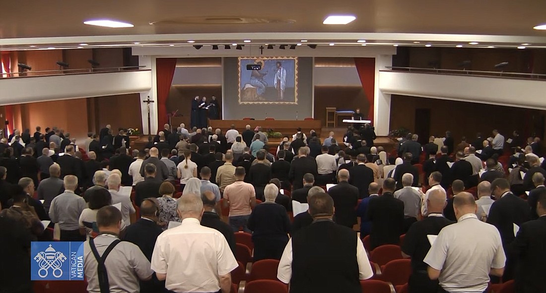 Members of the assembly of the Synod of Bishops recite morning prayer during their retreat outside of Rome in this screen grab from Oct 2, 2023. (CNS photo/Vatican Media via YouTube)