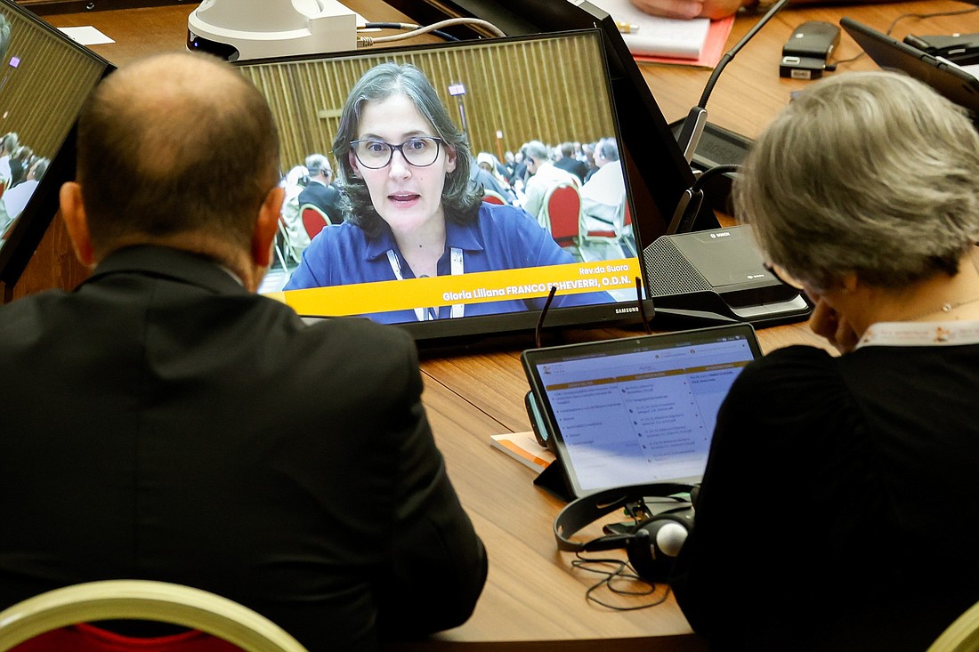 Sister Liliana Franco Echeverri, a member of the Company of Mary and president of the Latin American Confederation of Religious, is seen on a video screen as she speaks during a working session of the assembly of the Synod of Bishops in the Vatican's Paul VI Audience Hall Oct. 13, 2023. (CNS photo/Lola Gomez)