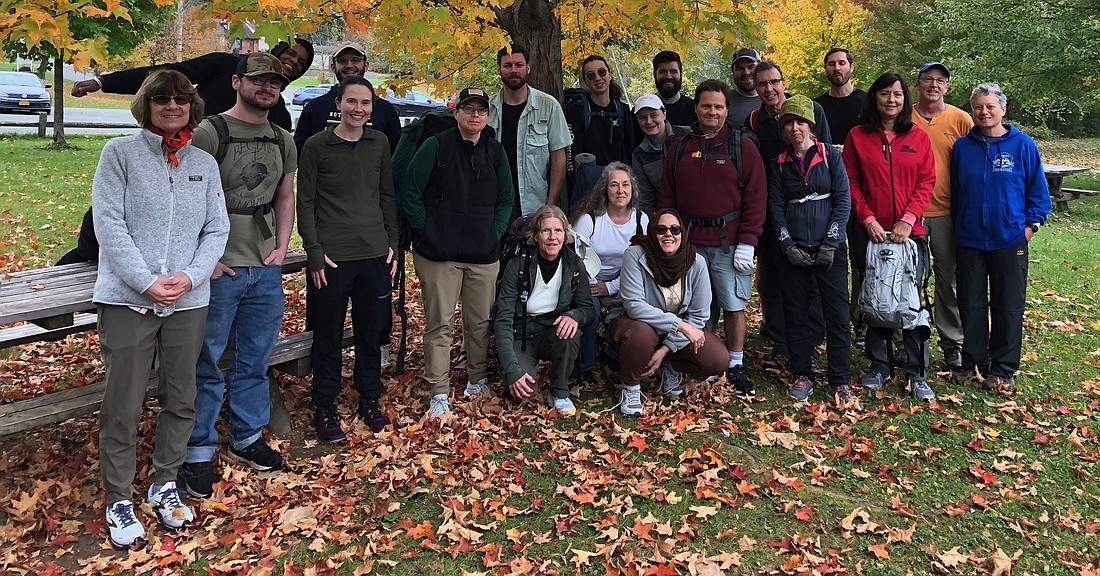The ‘Way of Martyrs’ pilgrims stop for a group photo on their journey which began on Oct. 17 at the Cathedral of the Immaculate Conception and ended at the Our Lady of Martyrs Shrine in Auriesville on Oct. 20 just in time for New York State Eucharistic Congress. (William Schmitt photo)