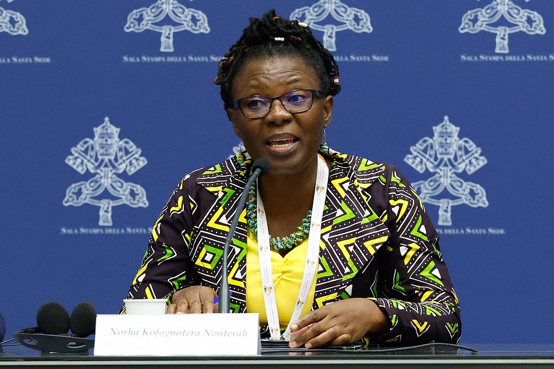 Nora Kofognotera Nonterah, a theologian from Ghana, speaks during a briefing about the assembly of the Synod of Bishops at the Vatican Oct. 25, 2023. (CNS photo/Lola Gomez)