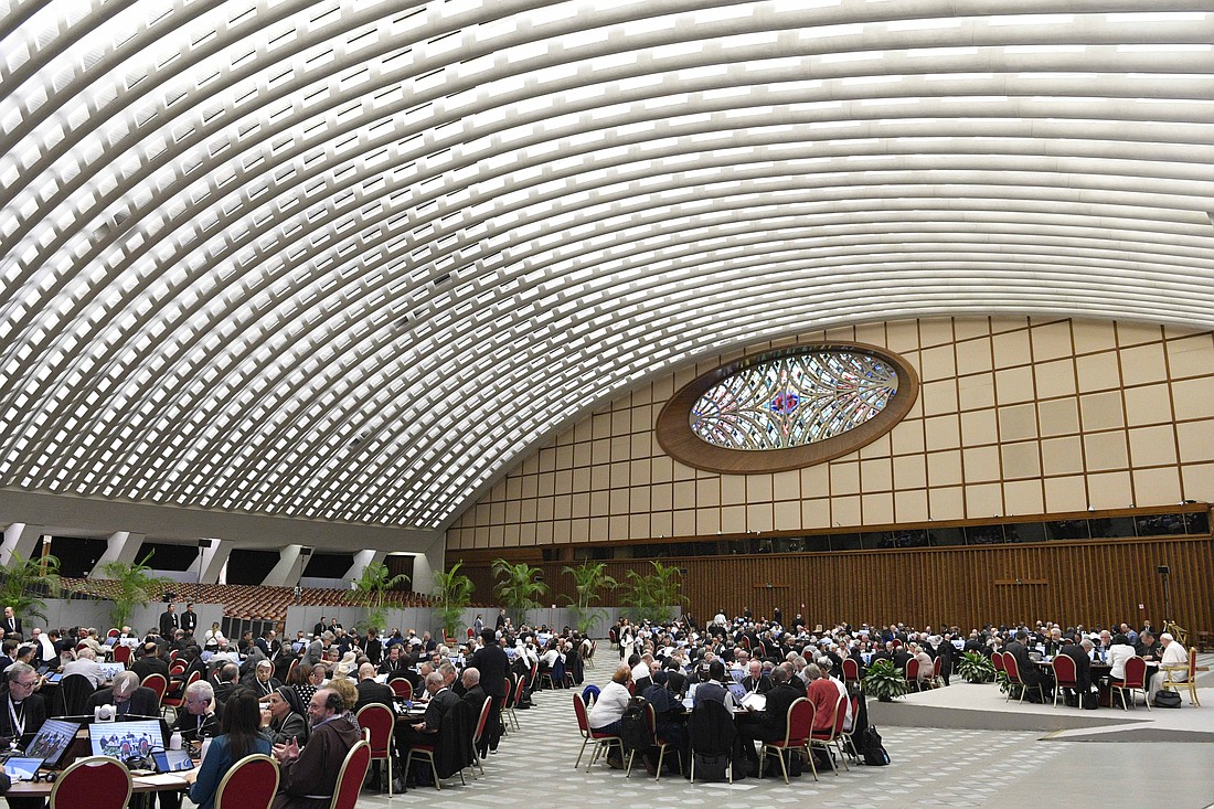 Participants in the assembly of the Synod of Bishops gather for an afternoon session Oct. 25, 2023, in the Paul VI Audience Hall at the Vatican. (CNS photo/Vatican Media)