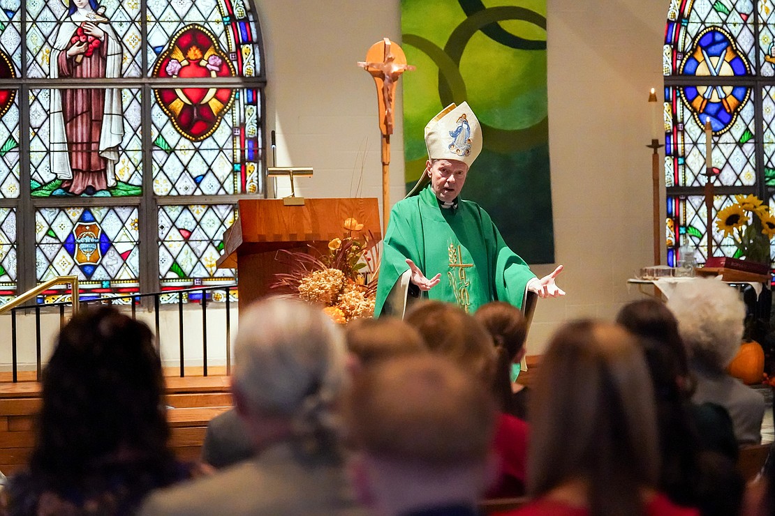 Bishop Edward B. Scharfenberger directs the homily at the candidates for confirmation on Oct. 29 at St. Kateri Tekakwitha Parish in Schenectady. (Cindy Schultz photo for The Evangelist)