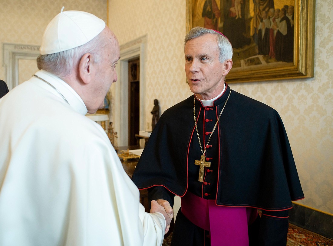 File photo of Pope Francis greeting Bishop Joseph E. Strickland of Tyler, Texas, during a Jan. 20, 2020, meeting with U.S. bishops from Arkansas, Oklahoma and Texas during their "ad limina" visits to the Vatican. The Holy See Press Office announced Nov. 11, 2023, that Pope Francis has "relieved" Bishop Strickland from the pastoral governance of the Diocese of Tyler. (OSV News photo/Vatican Media)