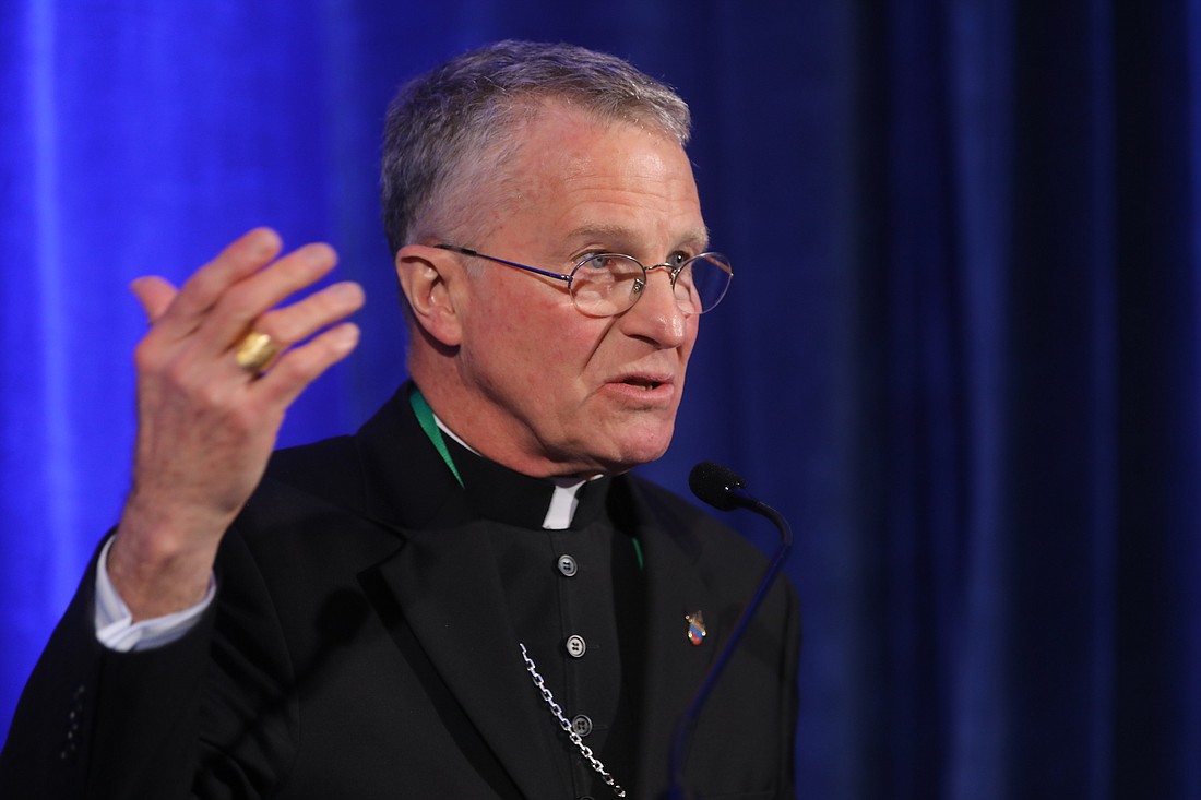 Archbishop Timothy P. Broglio of the U.S. Archdiocese for the Military Services, president of the U.S. Conference of Catholic Bishops, speaks during a news conference at a Nov. 14, 2023, session of the bishops' fall general assembly in Baltimore. (OSV News photo/Bob Roller)