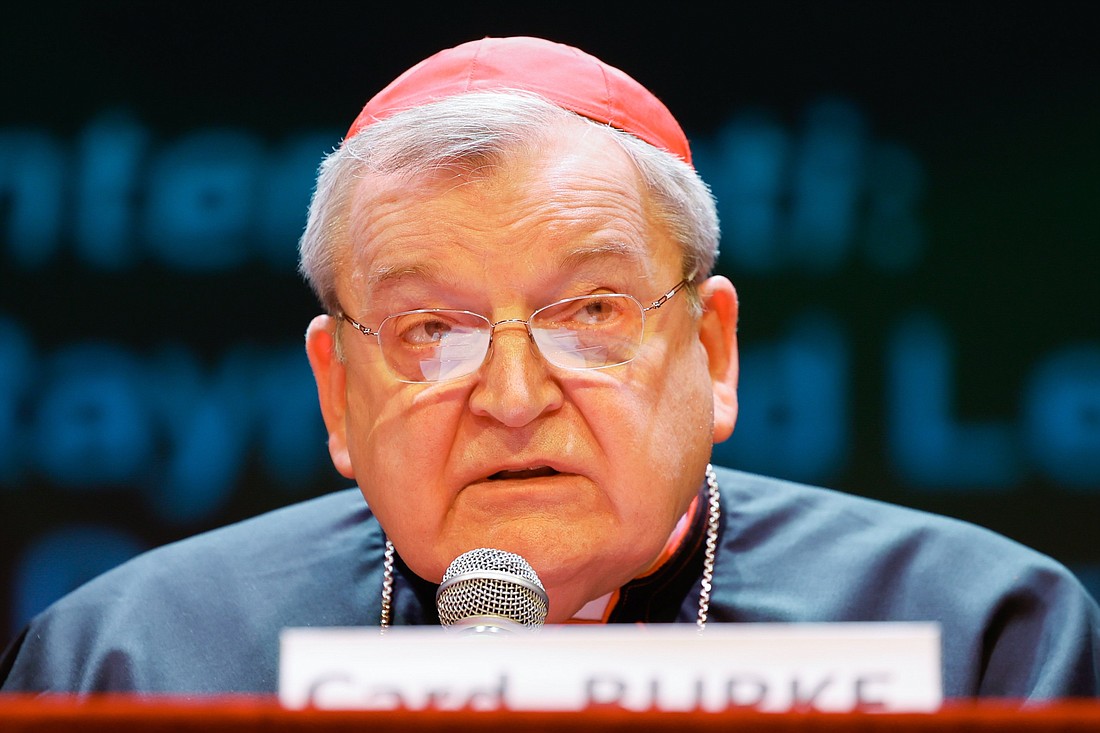 U.S. Cardinal Raymond L. Burke participates at a conference, "The Synodal Babel," at the Ghione Theater in Rome Oct. 3, 2023. (CNS photo/Lola Gomez)