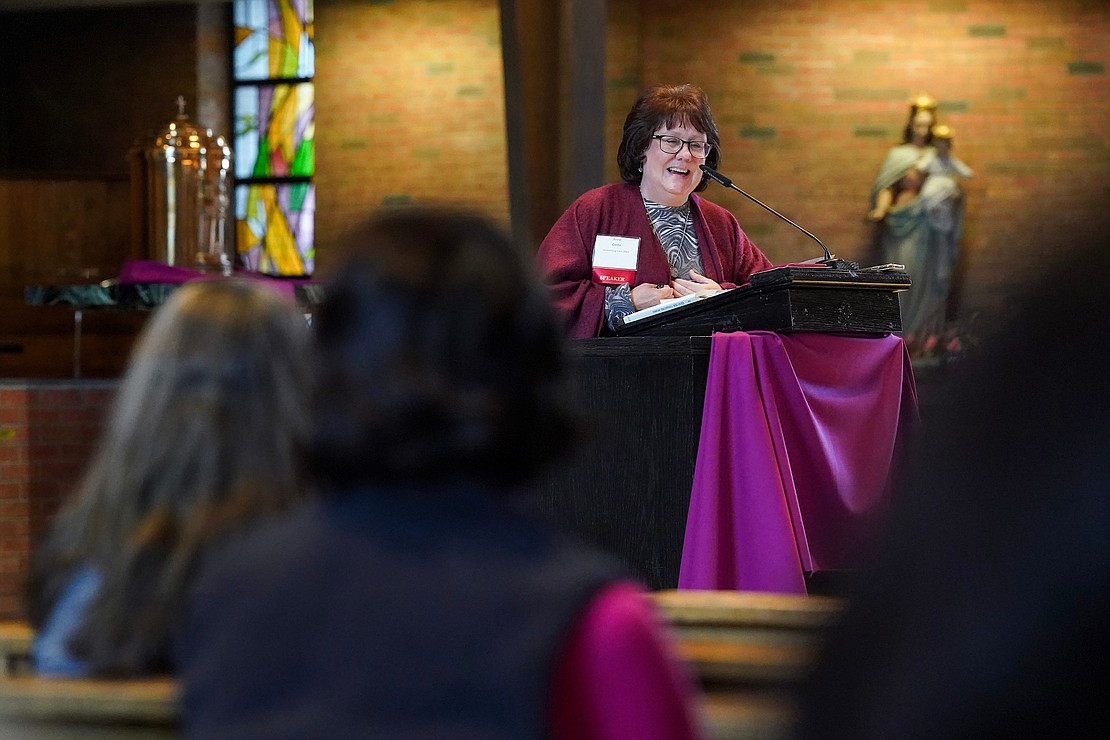 Anne Costa, an author of Catholic books, speaks during the Unleashing Love Women's Conference on Dec. 9 at St. Pius X Church in Loudonville. (Cindy Schultz photo for The Evangelist)