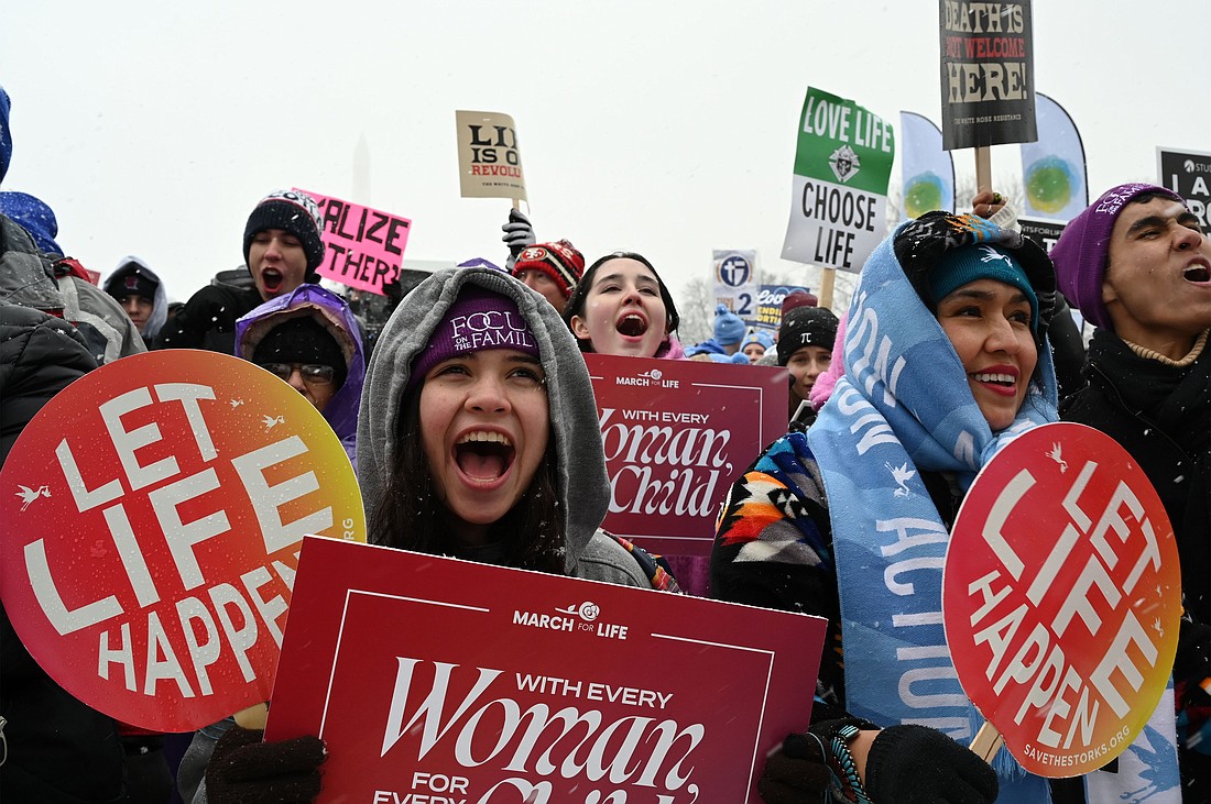 Pro-life demonstrators cheer during the 51st annual March for Life rally in Washington Jan. 19, 2024. (OSV News photo/Leslie E. Kossoff).