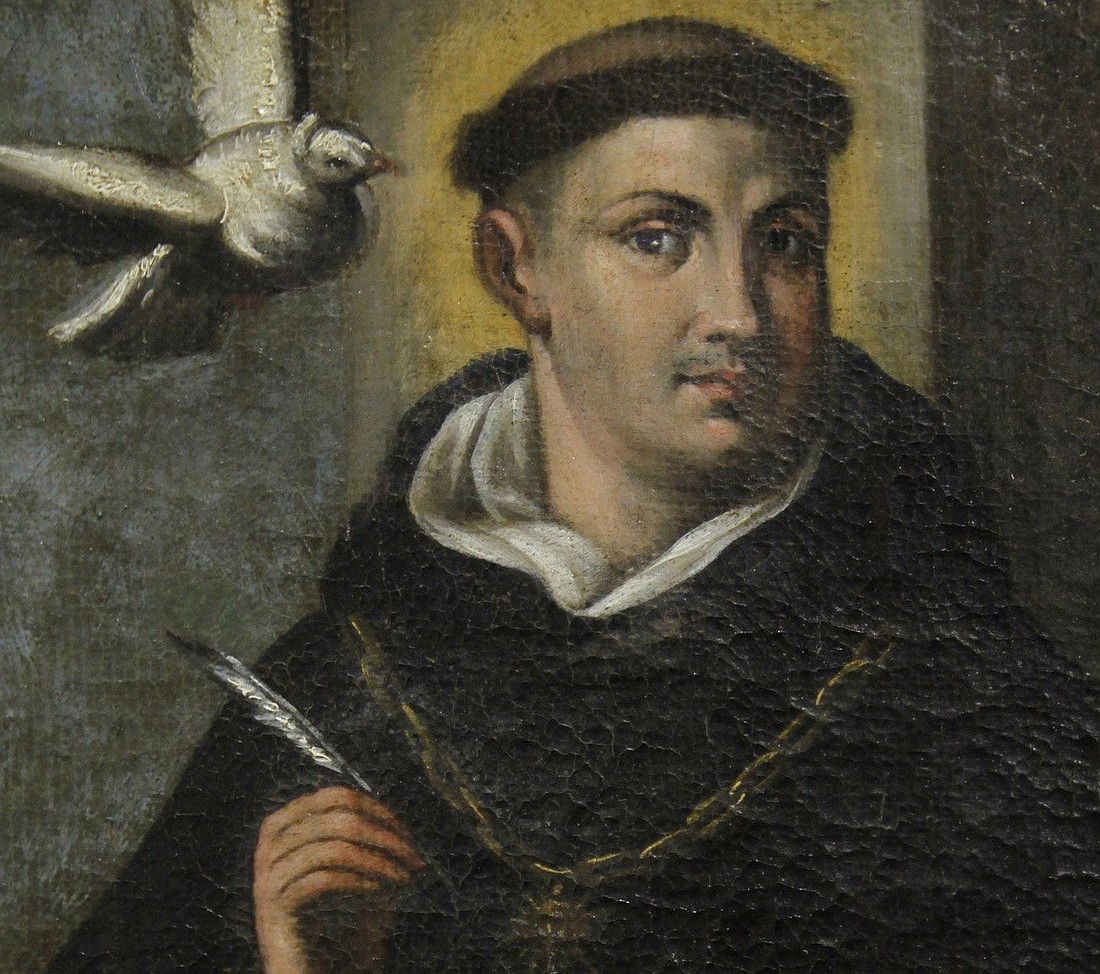 St. Thomas Aquinas is depicted in a painting at the Dominican House of Studies in Washington, D.C. Writer Russell Shaw argues that his thoughts on Kingship could help restore decency to American politics. (OSV News photo/Nancy Wiechec, CNS)