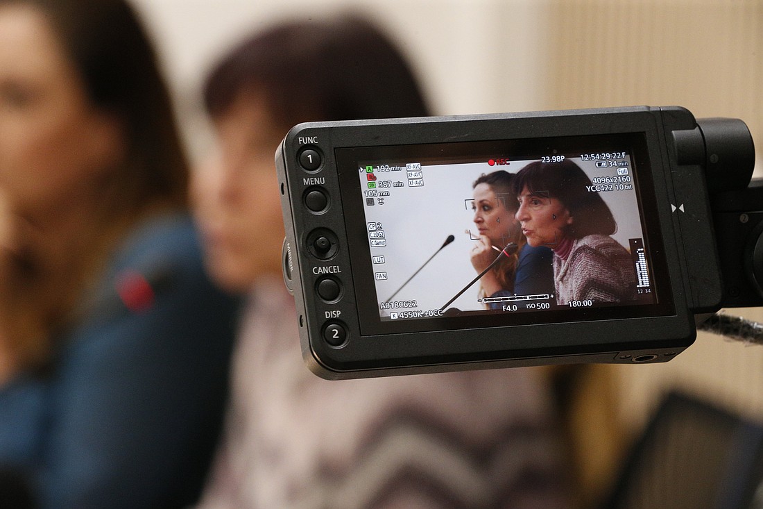 Gloria Branciani, a former religious sister of the Loyola Community, discusses the sexual, spiritual and psychological abuse she said she suffered by Father Marko Rupnik, her spiritual director and confessor, during a news conference at the Italian National Press Federation in Rome Feb. 21, 2024. (CNS photo/Justin McLellan)