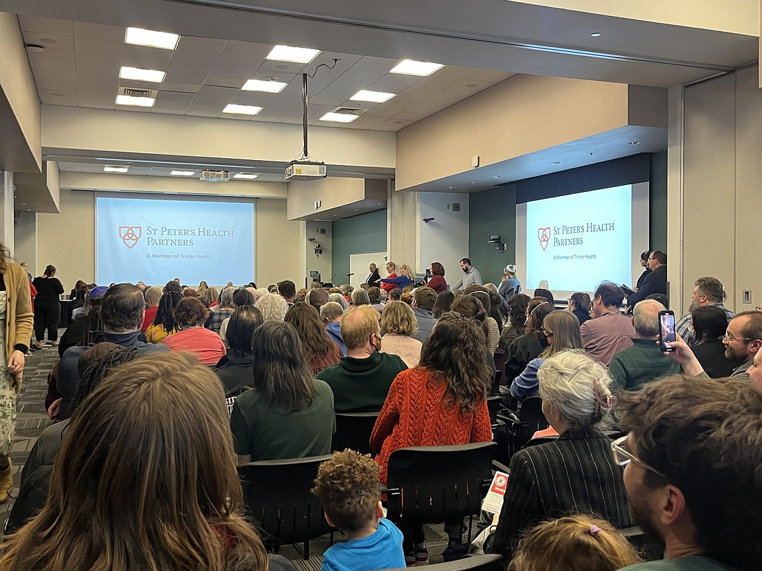 Hundreds of concerned community members, nurses, midwives and mothers attended a public forum about the expected closure of Burdett Birth Center, hosted by St. Peter’s Health Partners, on the campus of HVCC on Feb. 28. (Emily Benson photo)