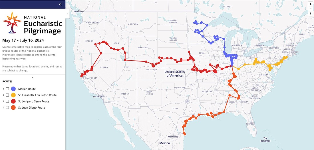 This is an updated map showing the four routes of the National Eucharistic Pilgrimage to the National Eucharistic Congress in 2024. Pilgrims traveling in "Eucharistic caravans" on all four routes will begin their journeys with Pentecost weekend celebrations May 17-18, 2024, leaving May 19. They will all converge on Indianapolis July 16, 2024, the day before the five-day Congress opens. (OSV News illustration/courtesy National Eucharistic Congress)