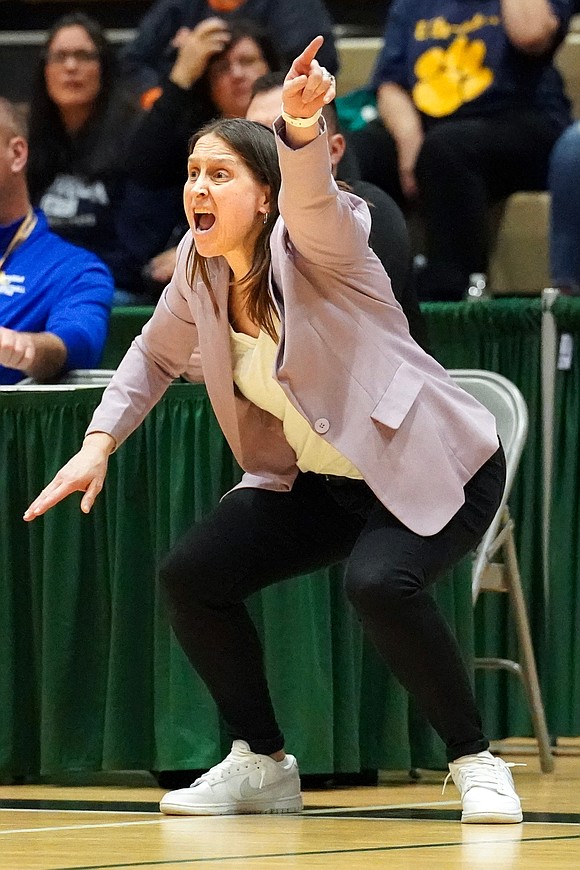 Catholic Central coach Audra DiBacco instructs her team during their Class A state final basketball game against Walter Panas on Saturday, March 16, 2024, at Hudson Valley Community College in Troy, N.Y.  Cindy Schultz for The Evangelist