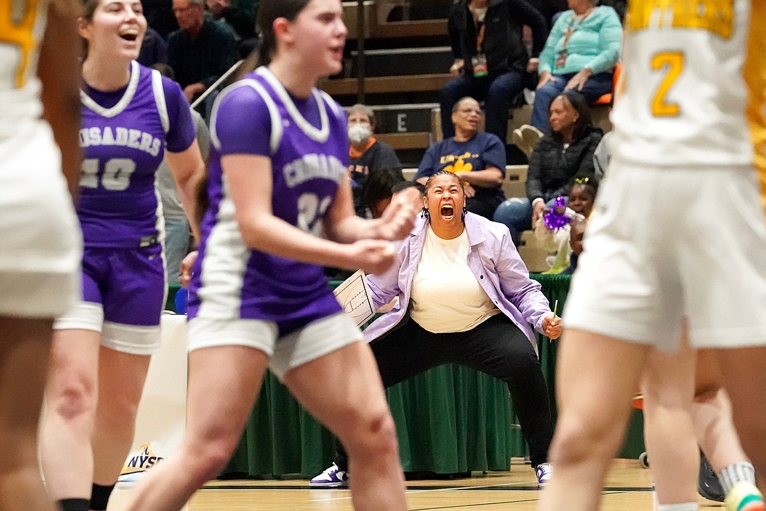 Catholic Central assistant coach Riqiya Harris reacts to a play during their Class A state final basketball game against Walter Panas on Saturday, March 16, 2024, at Hudson Valley Community College in Troy, N.Y.  Cindy Schultz for The Evangelist