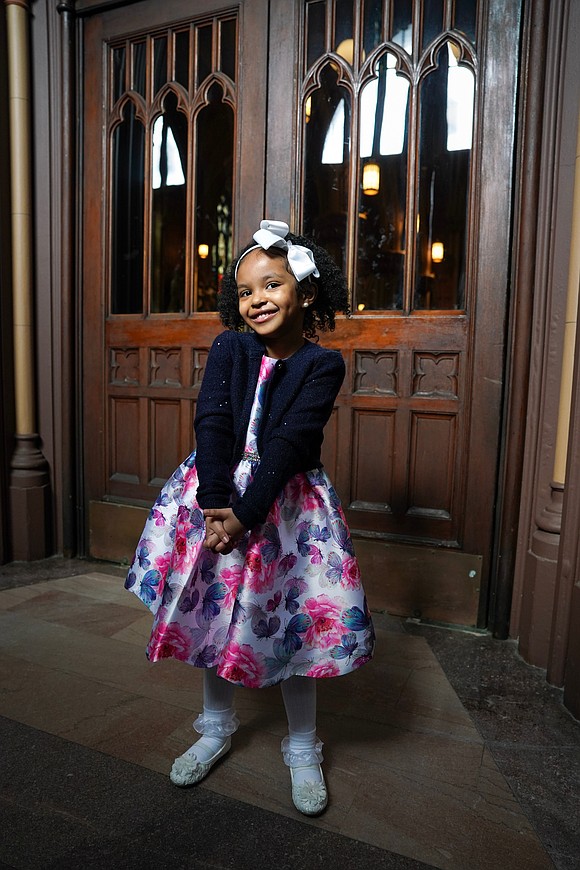 Genesis Richardson, 5, of Albany wears a pretty Easter outfit for Easter Mass on Sunday, March 31, 2024, at the Cathedral of Immaculate Conception in Albany, N.Y.  Cindy Schultz for The Evangelist