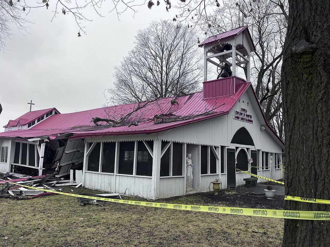 The Martyrs Chapel at Our Lady of Martyrs Shrine in Auriesville was heavily damaged by a windstorm in March, and work is now underway to fix the structure. (Photo courtesy of Julie Baaki)