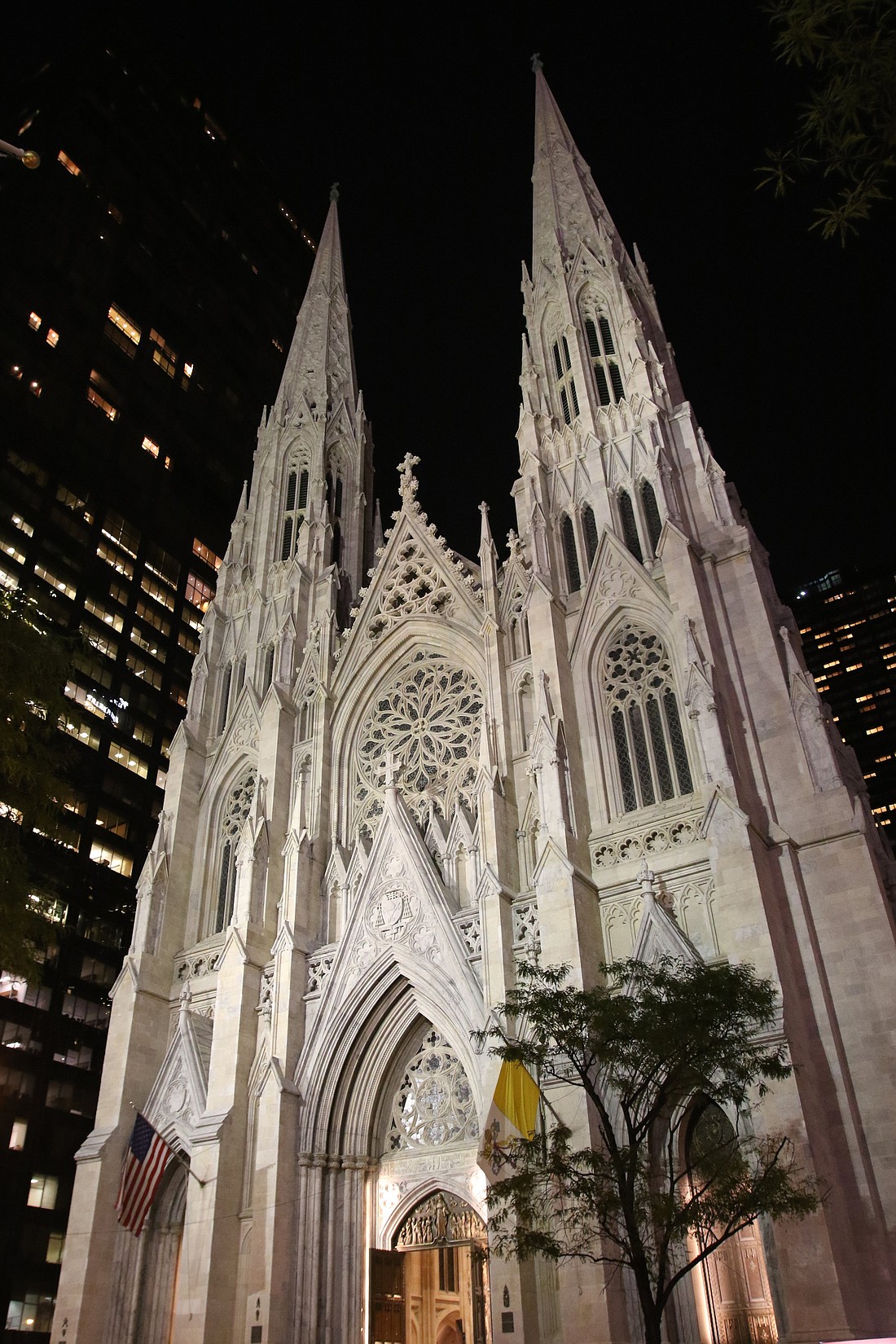 The exterior of St. Patrick's Cathedral in New York City is seen in a nighttime file photo. A New York state appeals court ruled unanimously April 23, 2024, in favor of insurers against the New York Archdiocese, arguing they should not be held liable for the church's systemic failures on abuse. (OSV News photo/Gregory A. Shemitz)