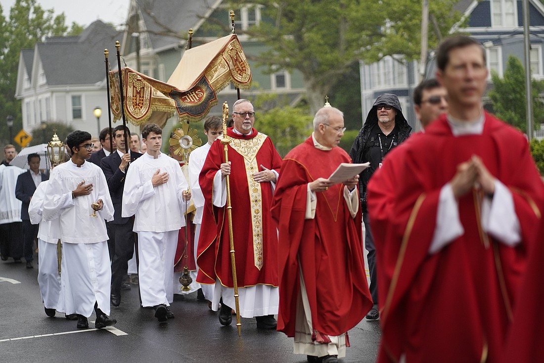 Archbishop Christopher J. Coyne of Hartford, Conn., holds his crosier as he participates in a Eucharistic procession in New Haven, Conn., May 18, 2024. The procession and Mass that proceeded it at St. Mary’s Church marked the beginning of the National Eucharistic Pilgrimage’s Seton Route. (OSV News photo/Gregory A. Shemitz, courtesy of Knights of Columbus)
