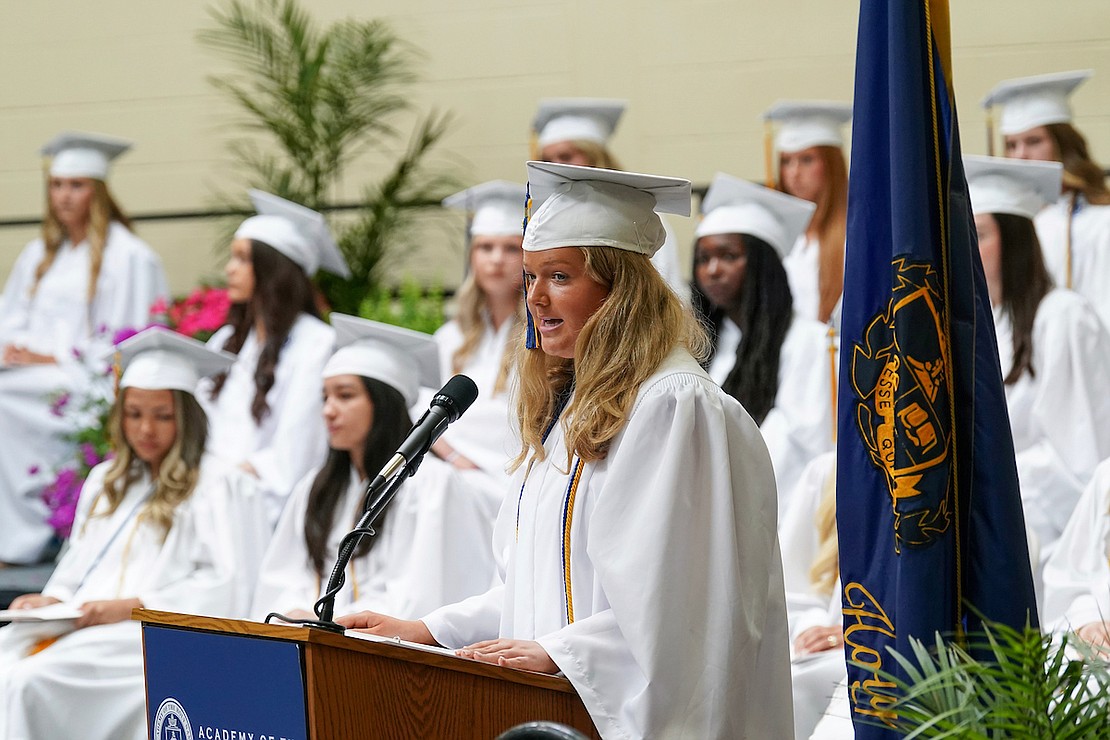 Graduate Alexandra Cristalli, center, delivers the opening address during commencement exercises on Friday May 24, 2024, at the Academy of the Holy Names in Albany, N.Y.  Cindy Schultz for The Evangelist