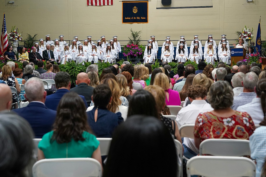 Alumna Ann Marie Lizzi, top right, delivers the keynote address during commencement exercises on Friday May 24, 2024, at the Academy of the Holy Names in Albany, N.Y.  Cindy Schultz for The Evangelist