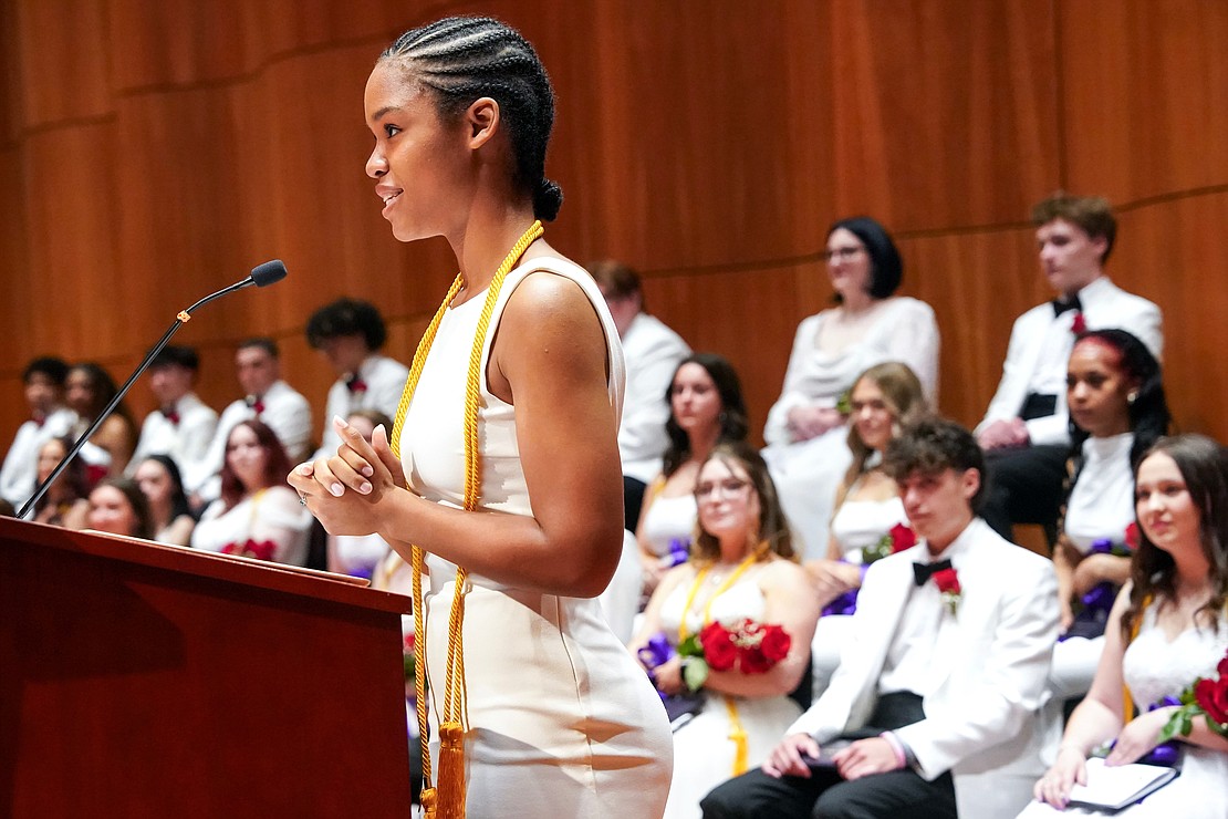 Valedictorian Sophia Ellis delivers her address during commencement exercises for Catholic Central School on June 8, at the Massry Center for the Arts in Albany.(Cindy Schultz photo for The Evangelist)